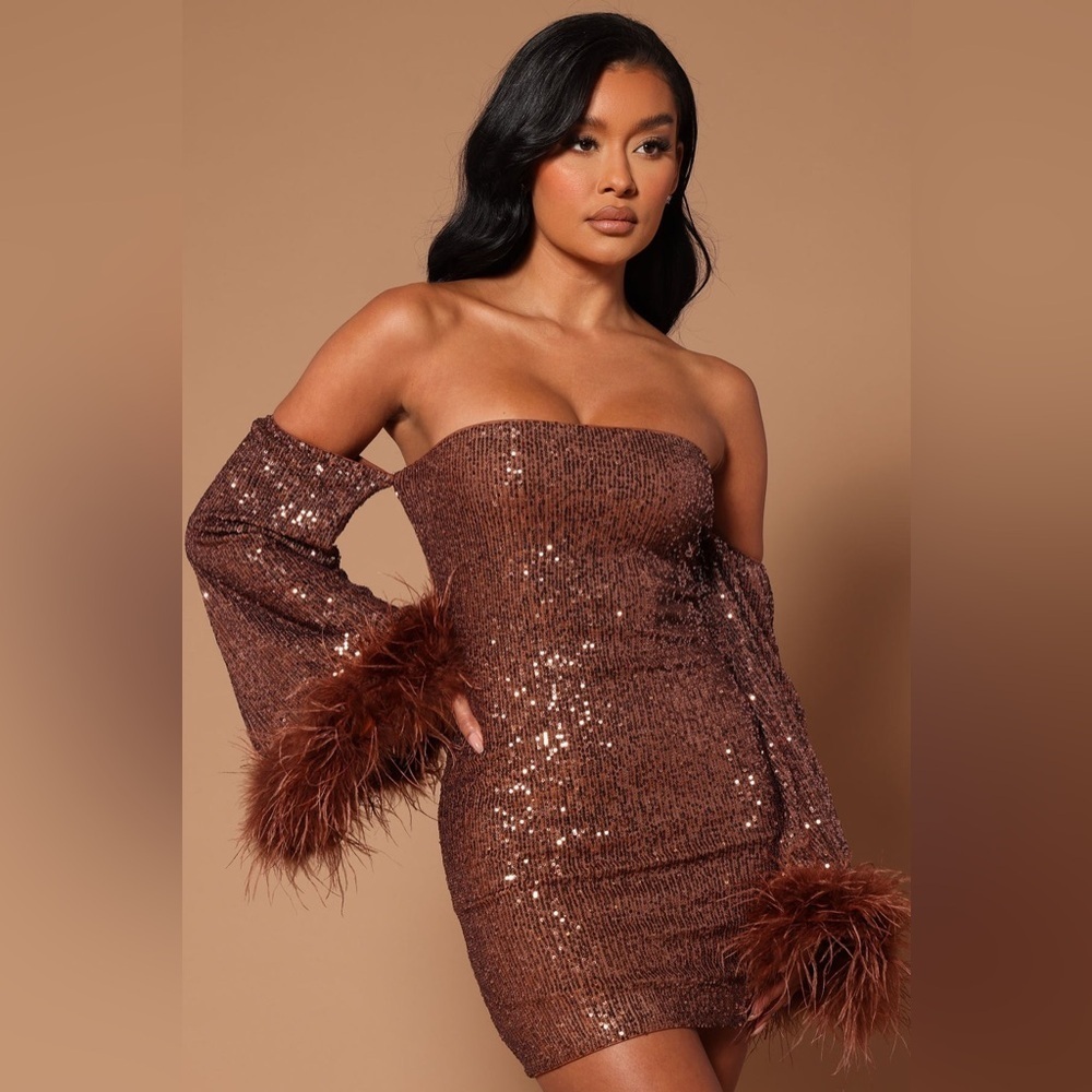 **** Brand New*****
 Brown Sequin Off-Shoulder Dress